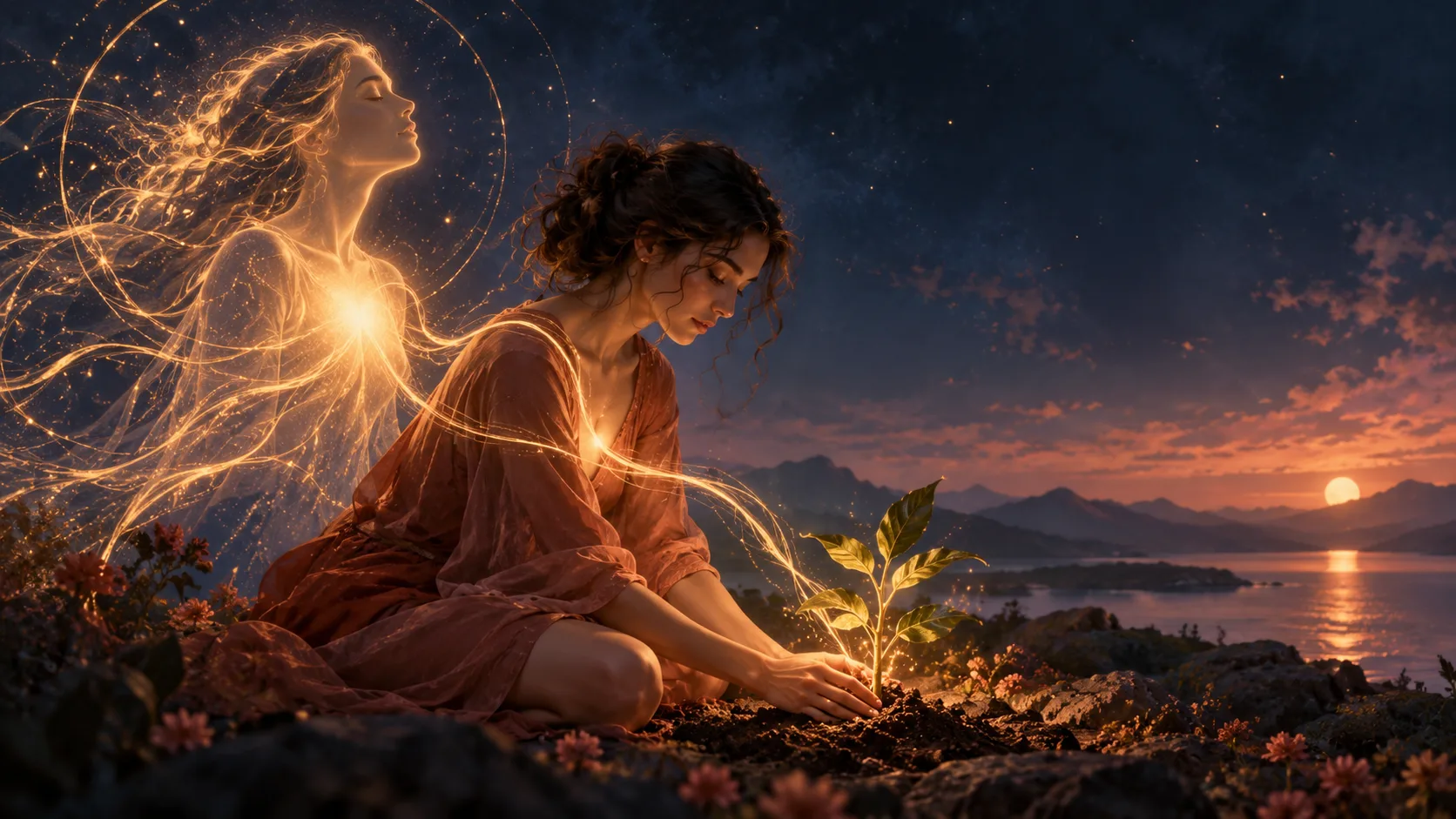 Warm symbolic scene of an inner glow becoming a grounded act of care, for the Heart's Desire method.