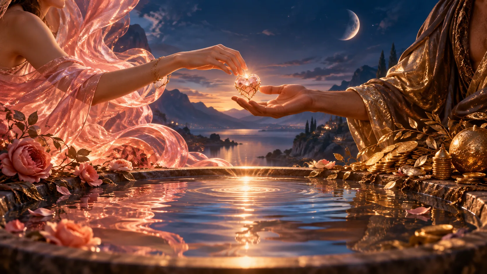 Two warm and amber currents meet in a calm pool while hands exchange a small glowing object, symbolizing the Love and Money Hub.