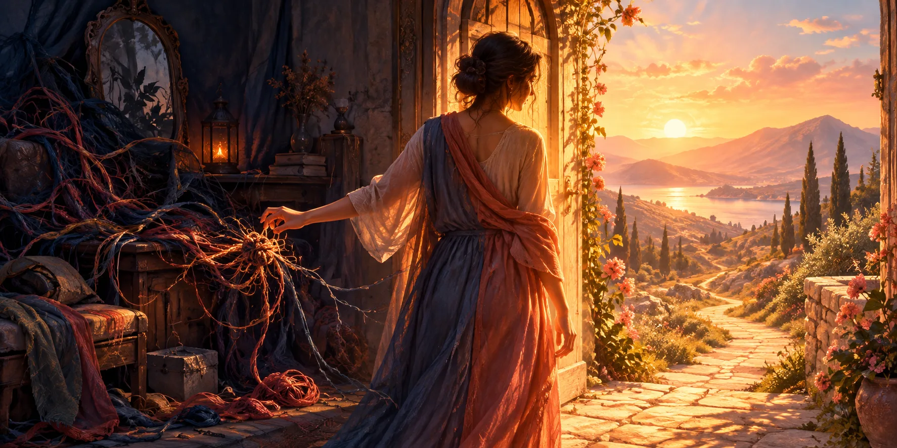 A doorway opens from a dim room with tangled thread toward a sunlit path, symbolizing the careful release of inherited parenting patterns.
