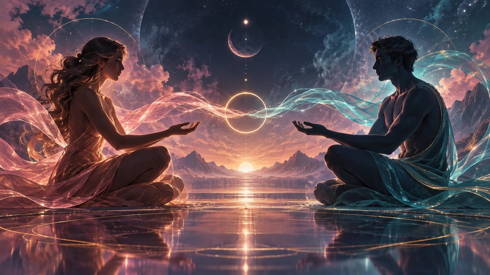 Two non-explicit human silhouettes remain in respectful space while a soft ribbon of light connects them, symbolizing consent and communication.