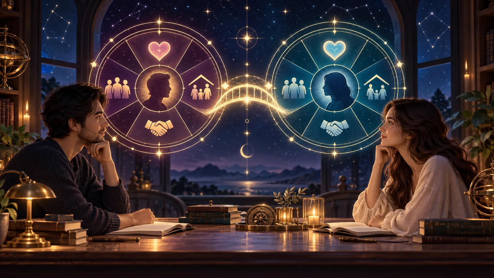 Os Tipos de Relação na Matriz de Compatibilidade: Amor, Amizade, Família e Negócios — Ilustração educativa do método de leitura