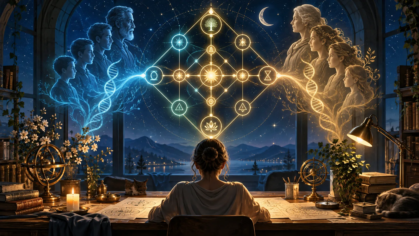 A Linha Masculina e Feminina: Curando as Energias Ancestrais — Ilustração educativa do método de leitura