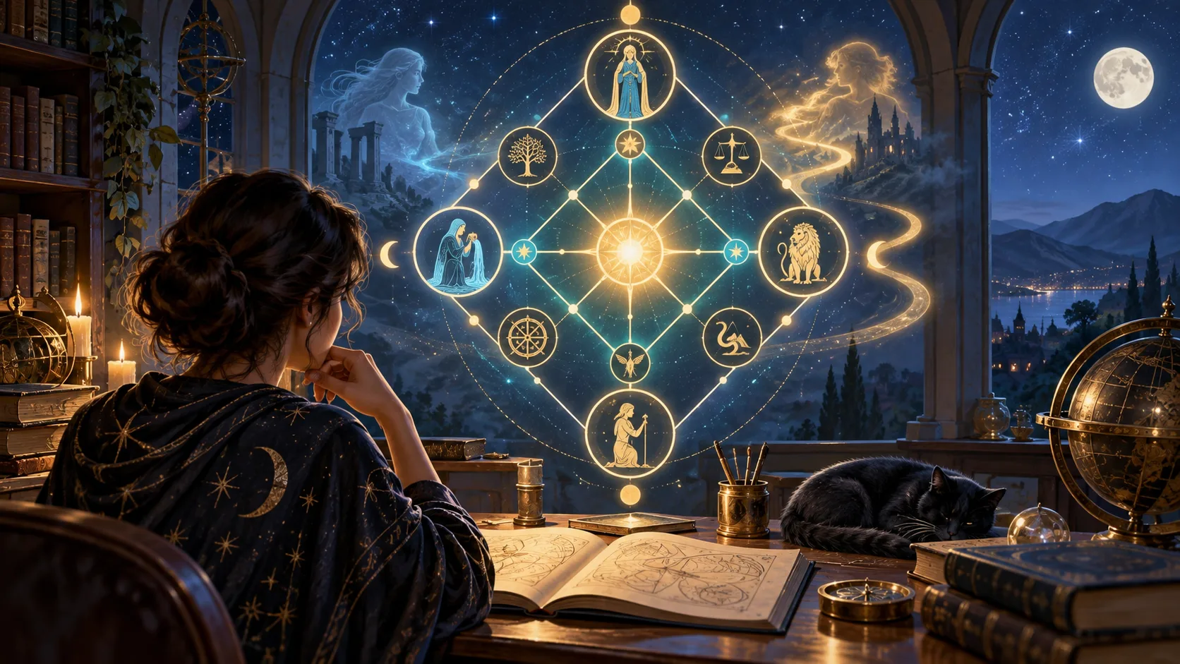 A Cauda Kármica: Como Ler os Desafios de Vidas Passadas na Matriz do Destino — Ilustração educativa do método de leitura