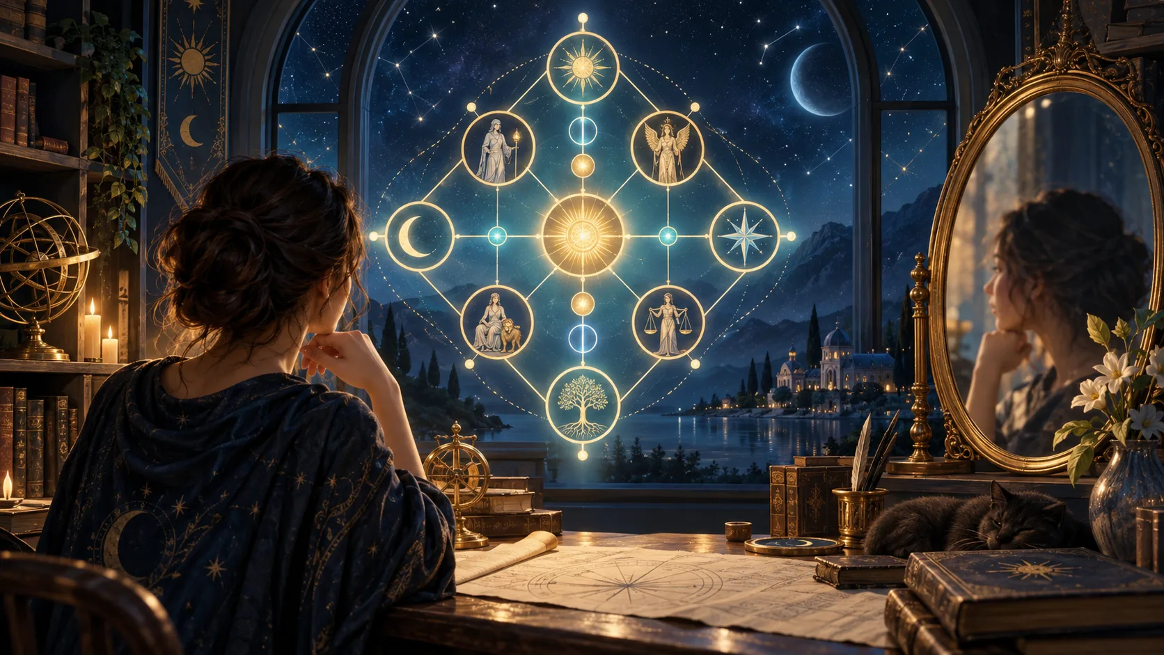 O Retrato e o Centro: Como o Mundo Te Vê e a Sua Essência — Ilustração educativa do método de leitura