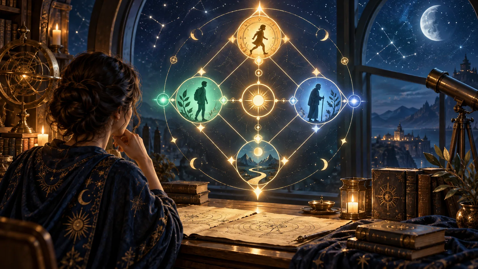 As 3 Fases do Propósito na Matriz do Destino — Ilustração educativa do método de leitura