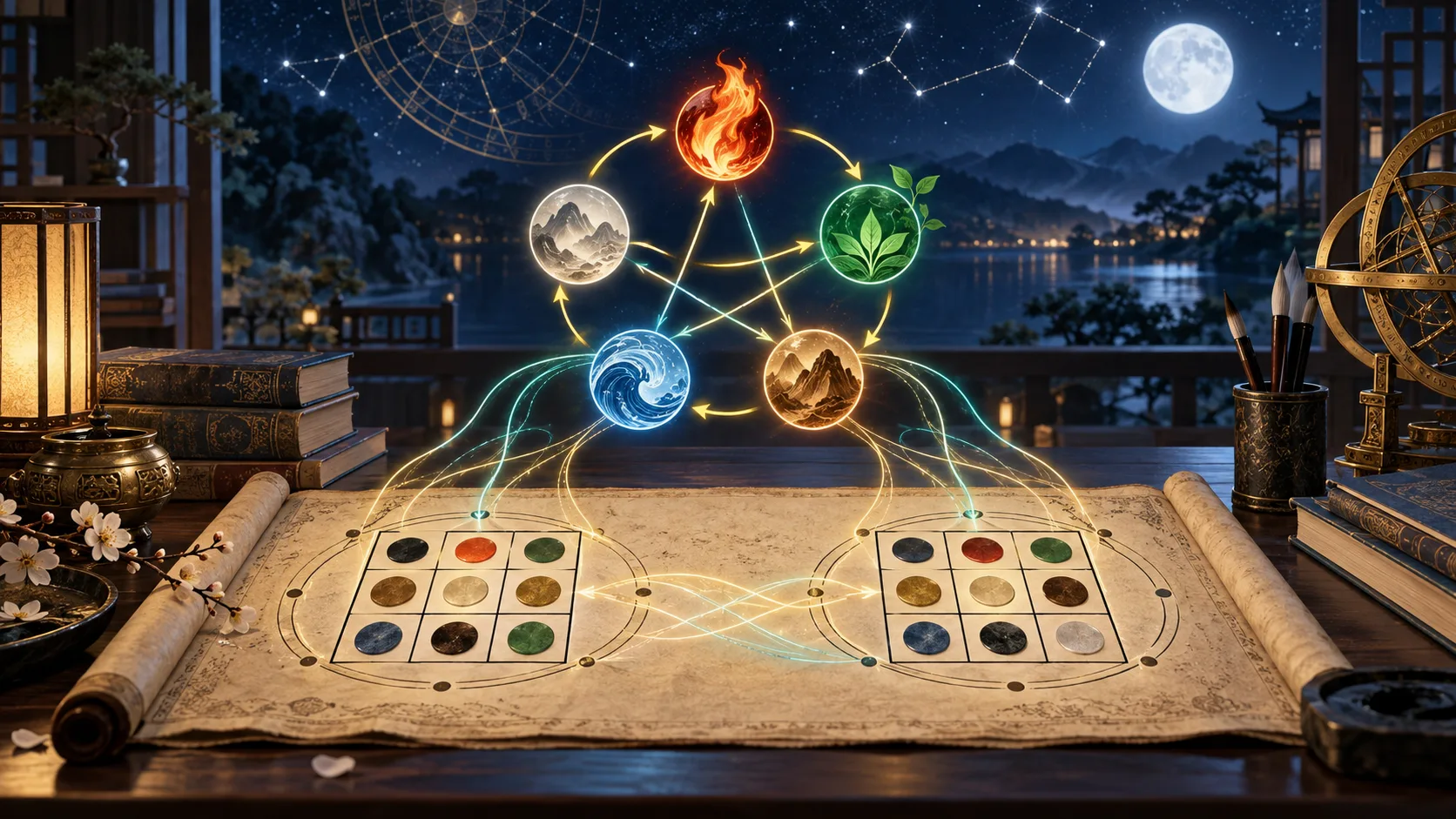 Os Cinco Elementos e a Compatibilidade no Lo Shu Grid — Ilustração conceitual do tema do artigo