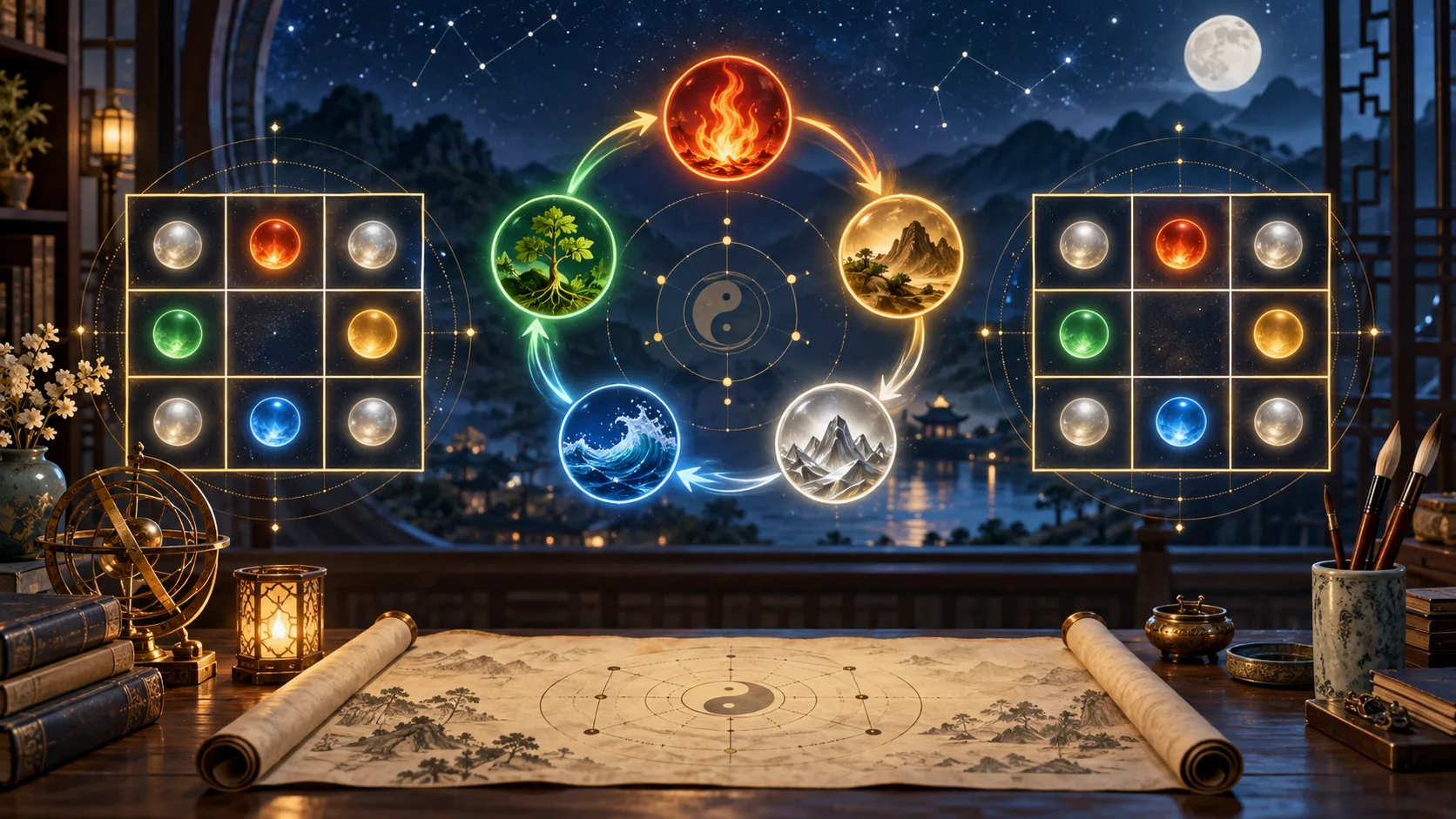 Os Cinco Elementos e a Compatibilidade no Lo Shu Grid — Ilustração educativa do método de leitura