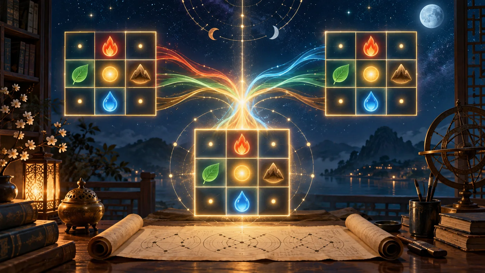 Setas Compartilhadas: O Que Acontece Quando Dois Grids Lo Shu Se Somam — Ilustração educativa do método de leitura
