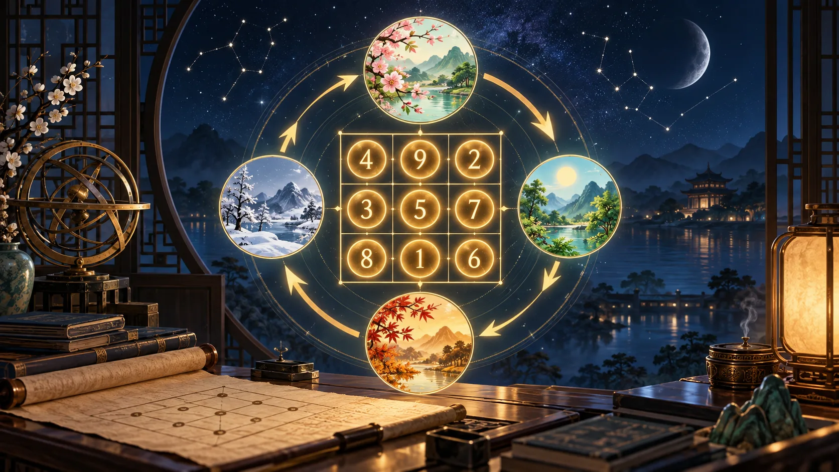 Ciclos Anuais no Lo Shu Grid — Ilustração conceitual do tema do artigo