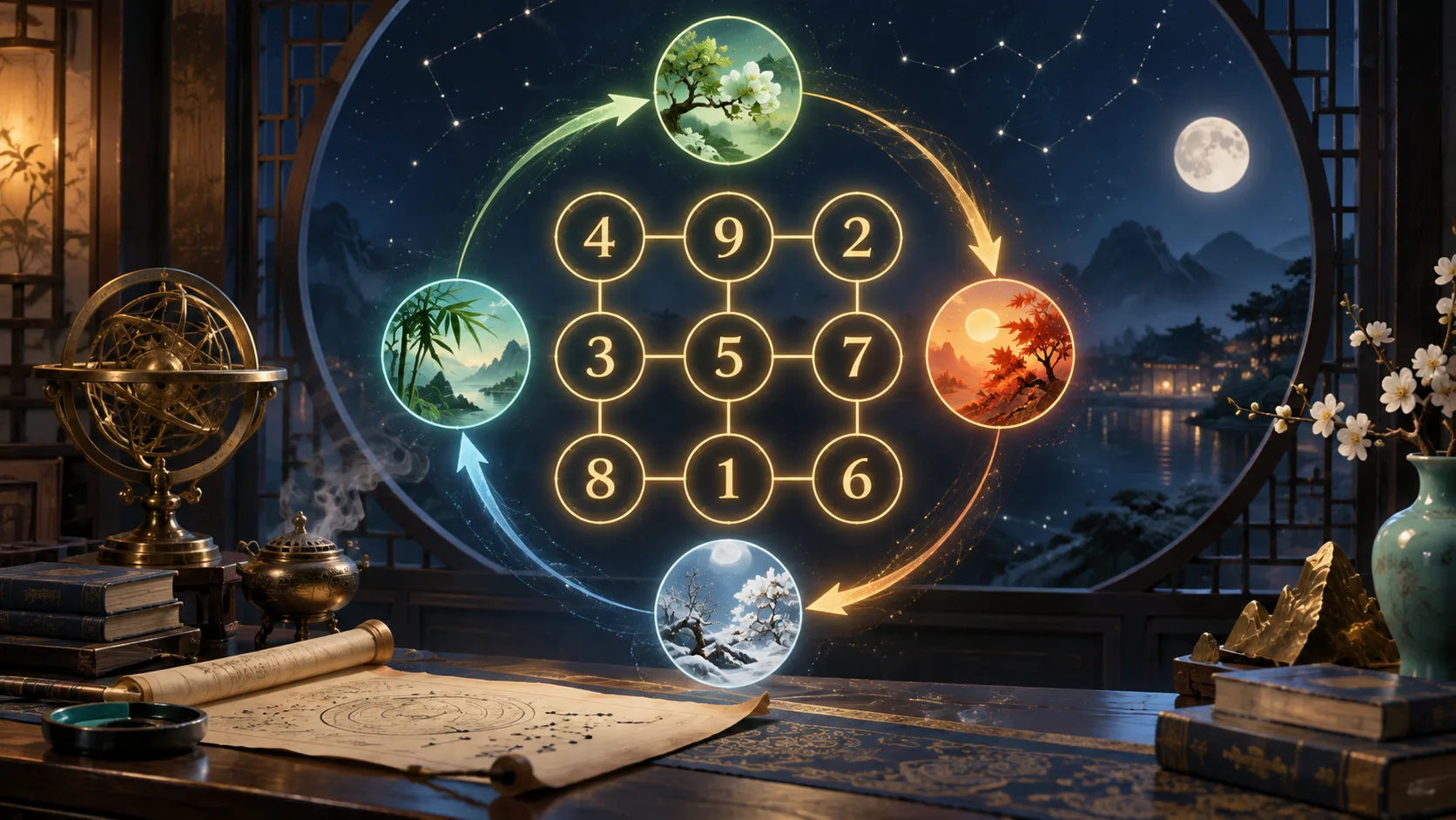 Ciclos Anuais no Lo Shu Grid — Ilustração educativa do método de leitura