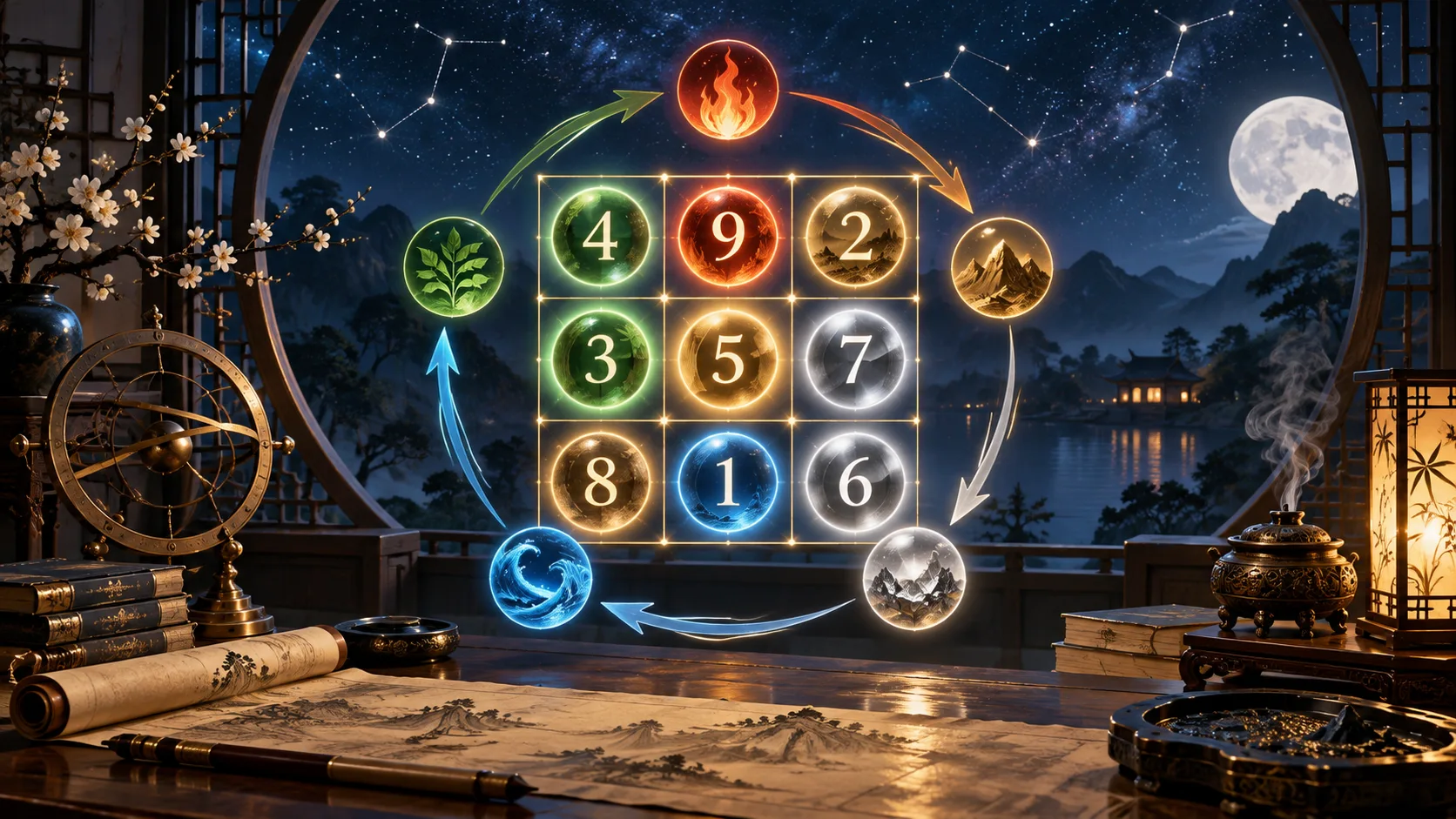 Lo Shu Grid e os Cinco Elementos: Como a Cosmologia Chinesa Vive nos Seus Números — Ilustração conceitual do tema do artigo