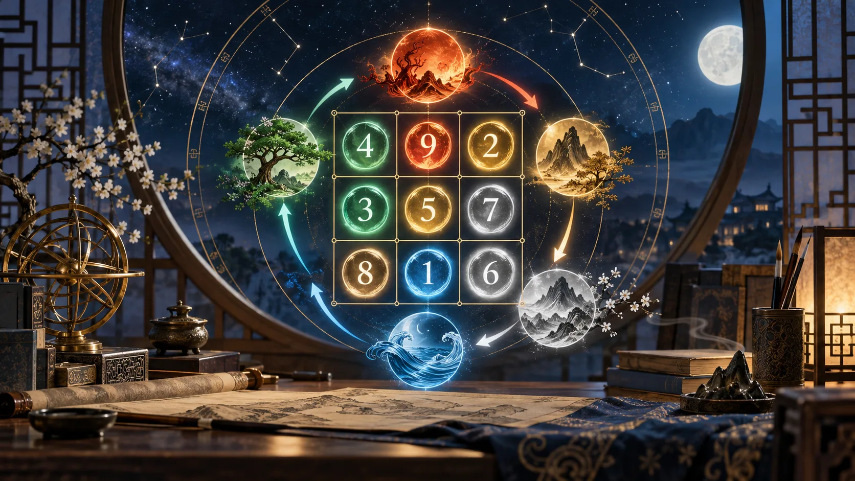 Lo Shu Grid e os Cinco Elementos: Como a Cosmologia Chinesa Vive nos Seus Números — Ilustração educativa do método de leitura