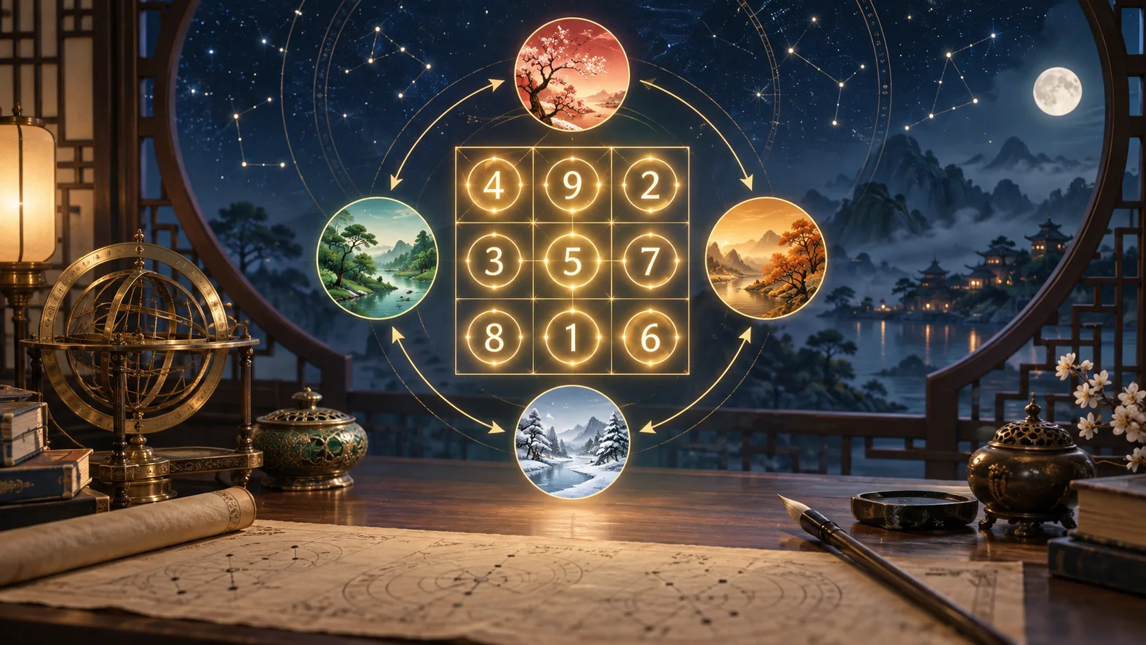 Lo Shu Grid: Introdução ao Quadrado Mágico de 4.000 Anos — Ilustração educativa do método de leitura