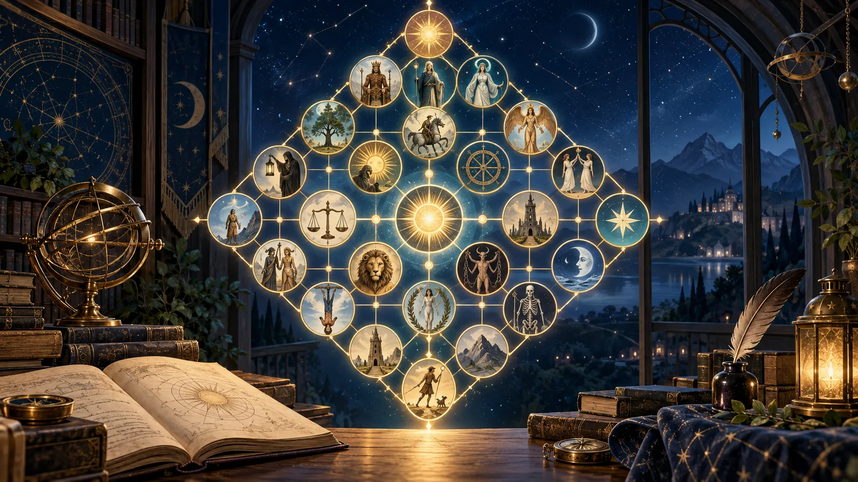Os 22 Arcanos Maiores na Matriz do Destino: Guia Completo — Ilustração educativa do método de leitura