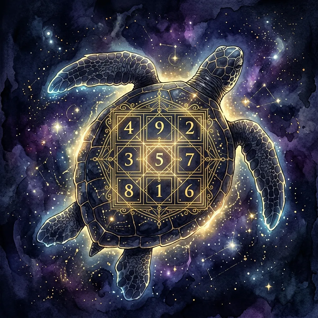Mythic Lo Shu turtle, a symbol of wisdom and the origin of the magic square